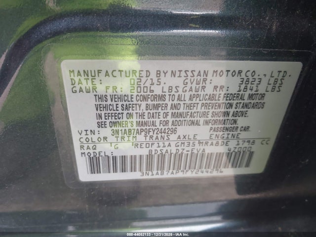 2015 Nissan Sentra Sv მანქანა იყიდება აუქციონზე, vin: 3N1AB7AP9FY244296, აუქციონის ნომერი: 44052133