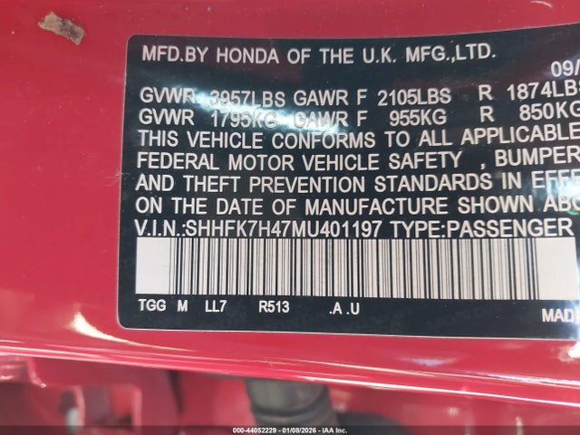 SHHFK7H47MU401197 Honda Civic Sport
