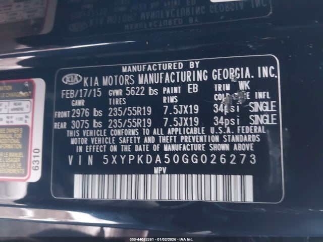 5XYPKDA50GG026273 KIA Sorento 3.3l Sxl