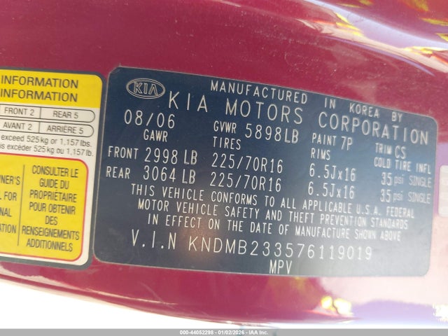 2007 KIA SEDONA KNDMB233576119019 Photo 8