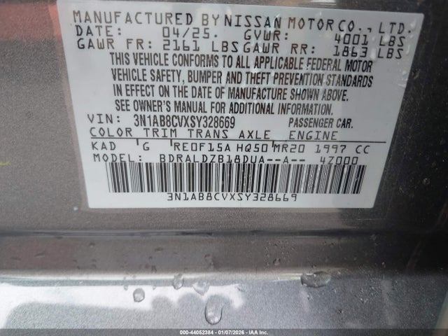 2025 Nissan Sentra Sv მანქანა იყიდება აუქციონზე, vin: 3N1AB8CVXSY328669, აუქციონის ნომერი: 44052384