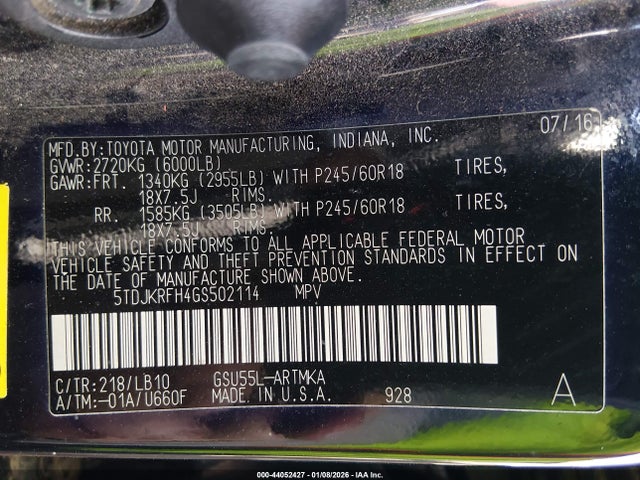 5TDJKRFH4GS502114 Toyota Highlander Xle V6