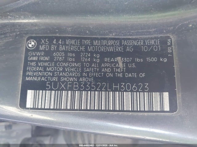 44052462 :رقم المزاد ، 5UXFB33522LH30623 vin ، 2002 Bmw X5 4.4i مزاد بيع