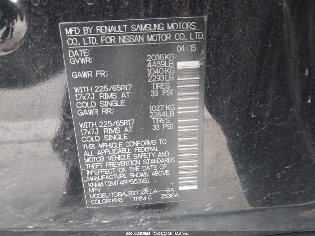 2015 Nissan Rogue S მანქანა იყიდება აუქციონზე, vin: KNMAT2MT4FP553181, აუქციონის ნომერი: 44052506