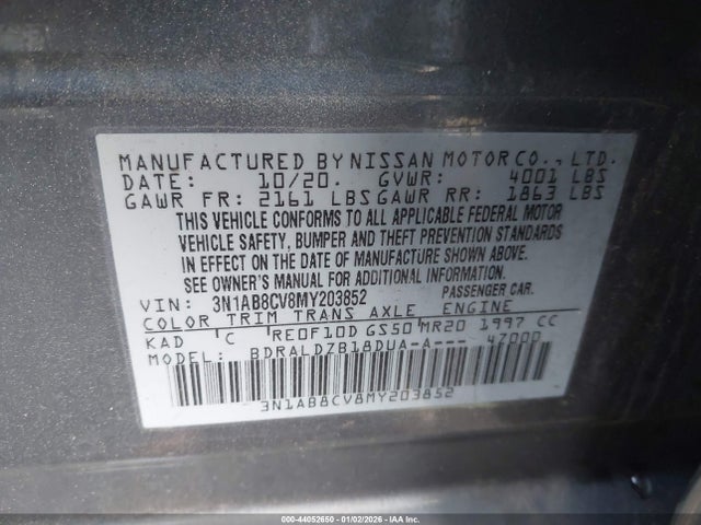 3N1AB8CV8MY203852 Nissan Sentra Sv Xtronic Cvt