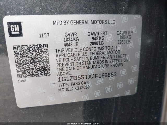 Aukcja sprzedaży 2018 Chevrolet Malibu 1ls, vin: 1G1ZB5STXJF166863, numer aukcji: 44052675