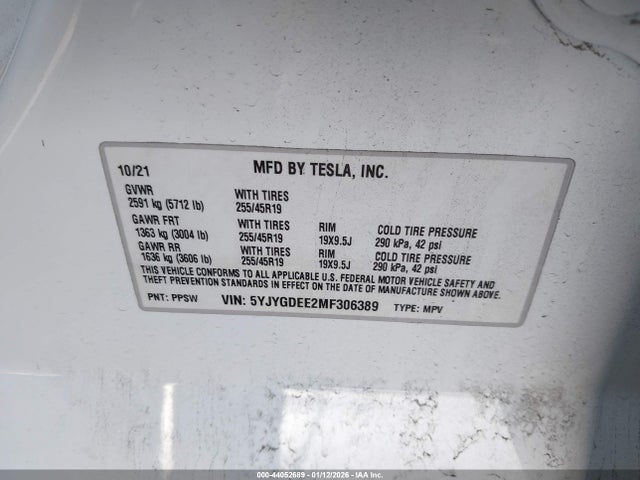 2021 Tesla Model Y Long Range Dual Motor All-wheel Drive მანქანა იყიდება აუქციონზე, vin: 5YJYGDEE2MF306389, აუქციონის ნომერი: 44052689