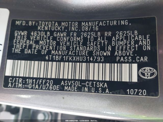 2017 TOYOTA CAMRY 4T1BF1FKXHU314793 Photo 8