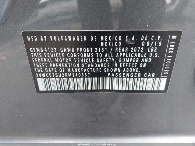2019 Volkswagen Jetta 1.4t R-line/1.4t S/1.4t Se მანქანა იყიდება აუქციონზე, vin: 3VWC57BU2KM240557, აუქციონის ნომერი: 44052717
