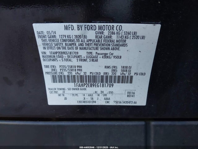 Ford TAURUS SEL 2014 1FAHP2E89EG181709 Image 9