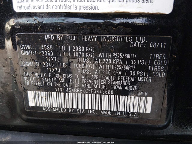 Продаж на аукціоні авто 2011 Subaru Outback 2.5i Limited, vin: 4S4BRBKC5B3443680, номер лоту: 44052882