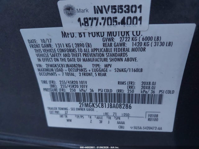 2018 Ford Flex Sel მანქანა იყიდება აუქციონზე, vin: 2FMGK5C81JBA08286, აუქციონის ნომერი: 44052901