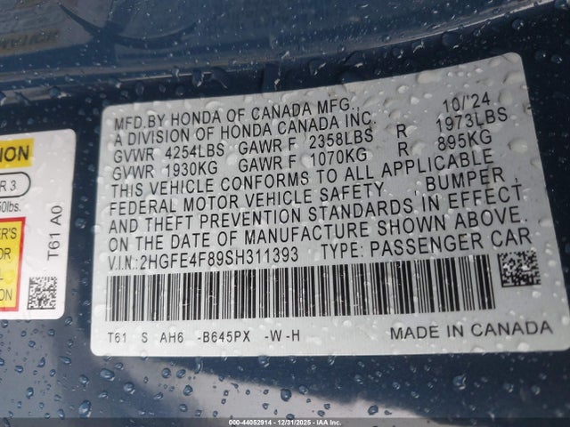 2HGFE4F89SH311393 Honda Civic Hybrid Sport/sport Touring