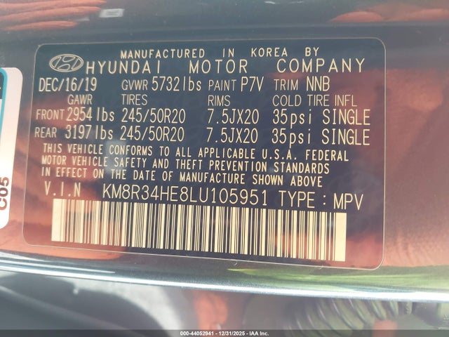 KM8R34HE8LU105951 Hyundai Palisade Sel