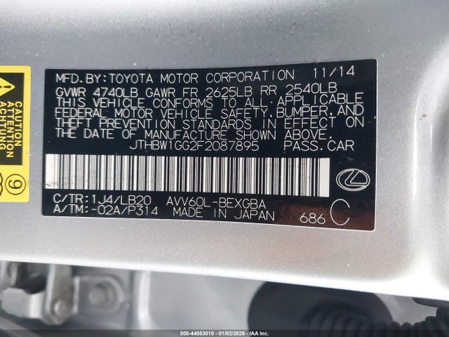 44053010 :رقم المزاد ، JTHBW1GG2F2087895 vin ، 2015 Lexus Es 300h مزاد بيع