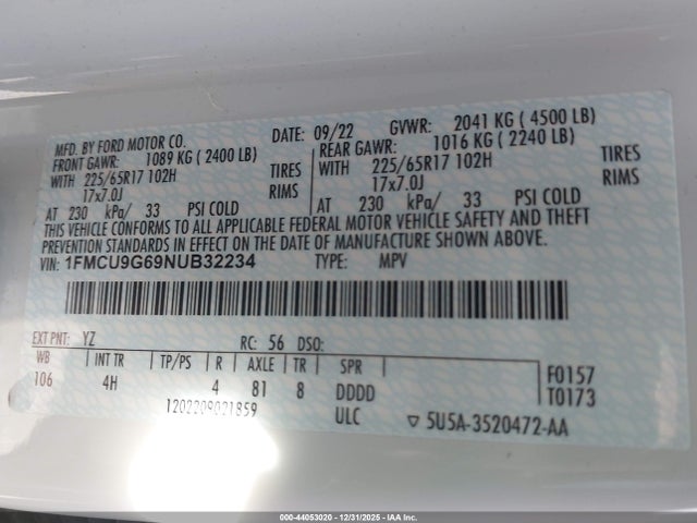 1FMCU9G69NUB32234 Ford ESCAPE SE