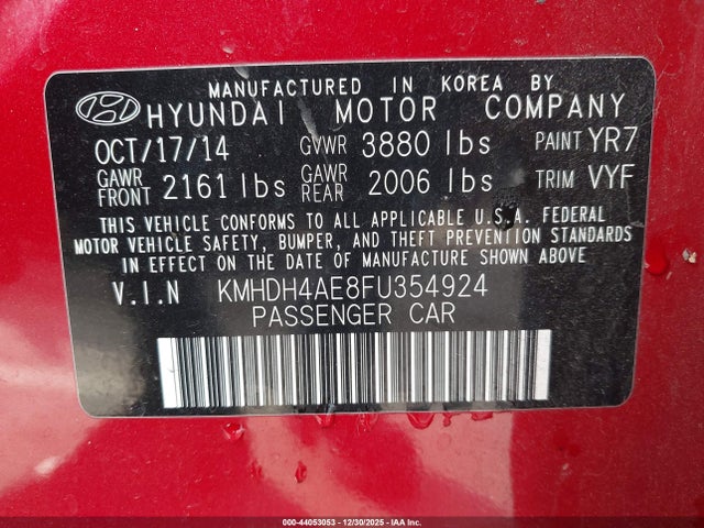 KMHDH4AE8FU354924 Hyundai ELANTRA SE