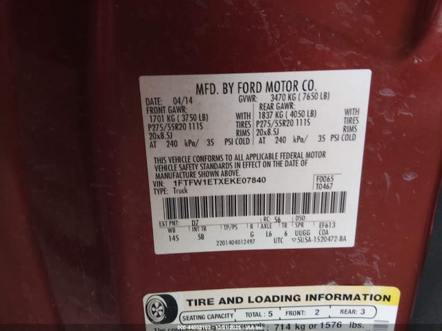 1FTFW1ETXEKE07840 Ford F-150 Fx4