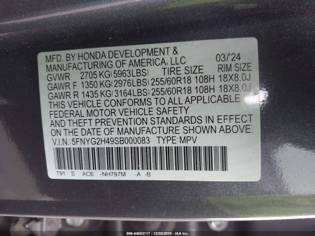 5FNYG2H49SB000083 Honda Pilot Ex-l