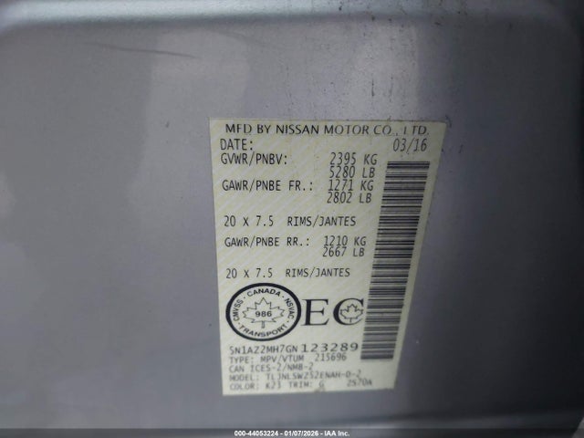 5N1AZ2MH7GN123289 Nissan Murano Platinum/s/sl/sv
