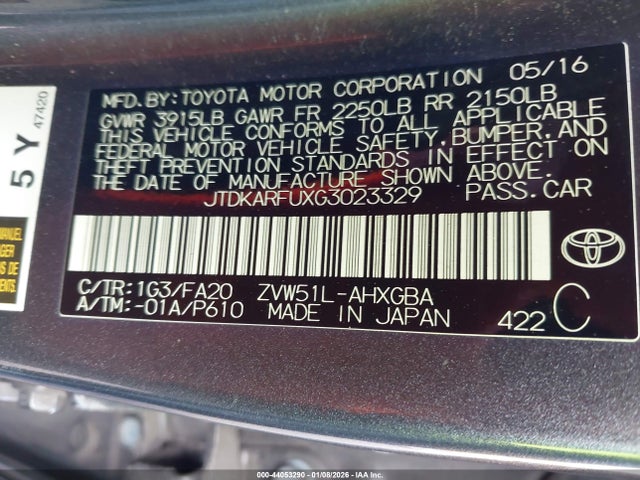 JTDKARFUXG3023329 Toyota Prius Three