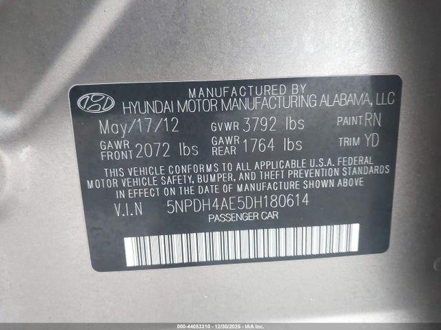 44053310 :رقم المزاد ، 5NPDH4AE5DH180614 vin ، 2013 Hyundai Elantra Gls/limited مزاد بيع