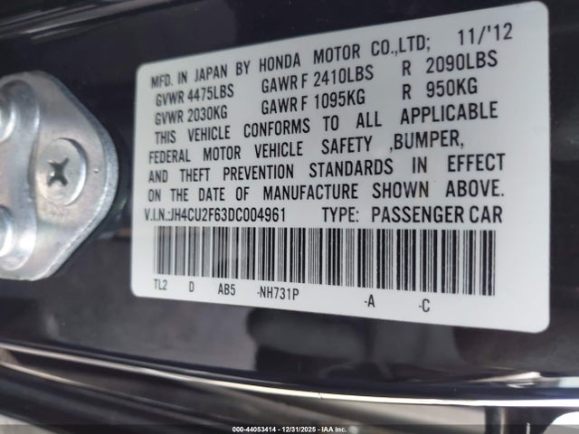2013 Acura Tsx 2.4 მანქანა იყიდება აუქციონზე, vin: JH4CU2F63DC004961, აუქციონის ნომერი: 44053414