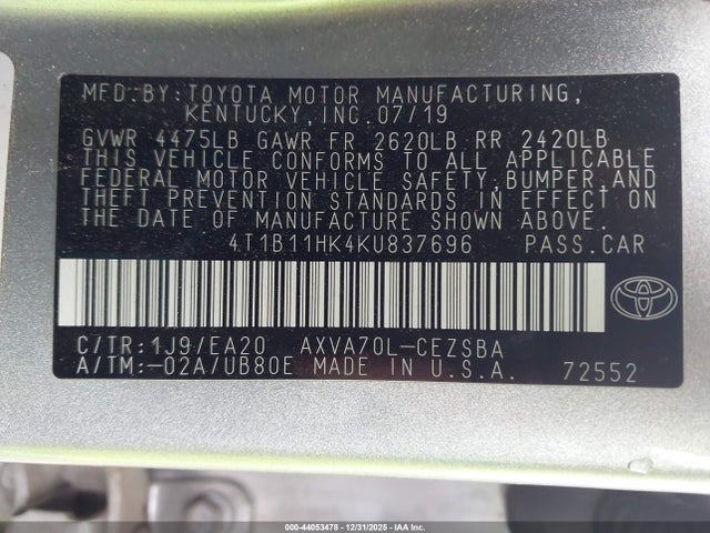 4T1B11HK4KU837696 Toyota CAMRY SE