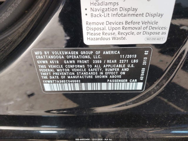 1VWBT7A36EC045562 Volkswagen Passat 1.8t Se