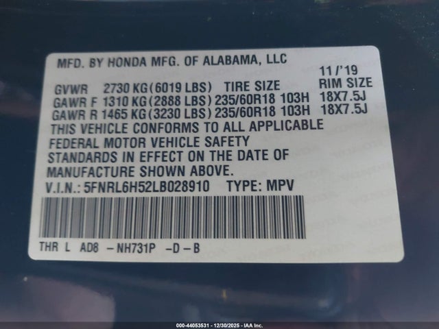 5FNRL6H52LB028910 Honda ODYSSEY EX