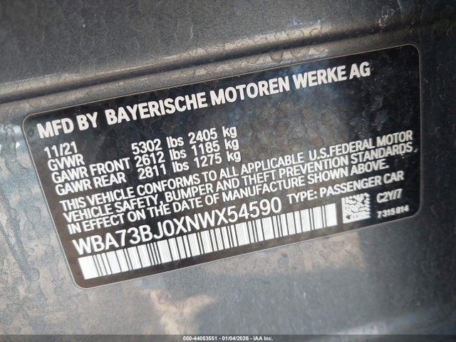 Продажа на аукционе авто 2022 Bmw 540 I Xdrive, vin: WBA73BJ0XNWX54590, номер лота: 44053551