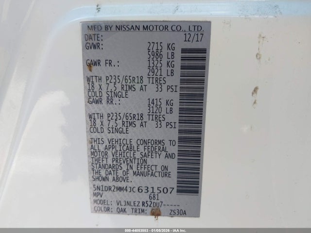 2018 Nissan Pathfinder Sv მანქანა იყიდება აუქციონზე, vin: 5N1DR2MM4JC631507, აუქციონის ნომერი: 44053553