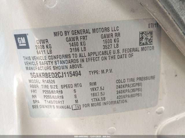 Продажа на аукционе авто 2012 Buick Enclave Convenience, vin: 5GAKRBED2CJ115494, номер лота: 44053582