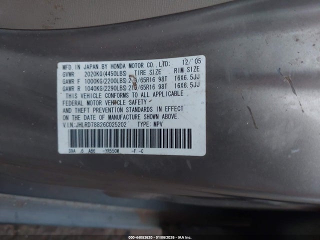 Продаж на аукціоні авто 2006 Honda Cr-v Ex, vin: JHLRD78826C025202, номер лоту: 44053620