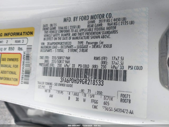 3FA6P0HD9GR218533 Ford FUSION SE