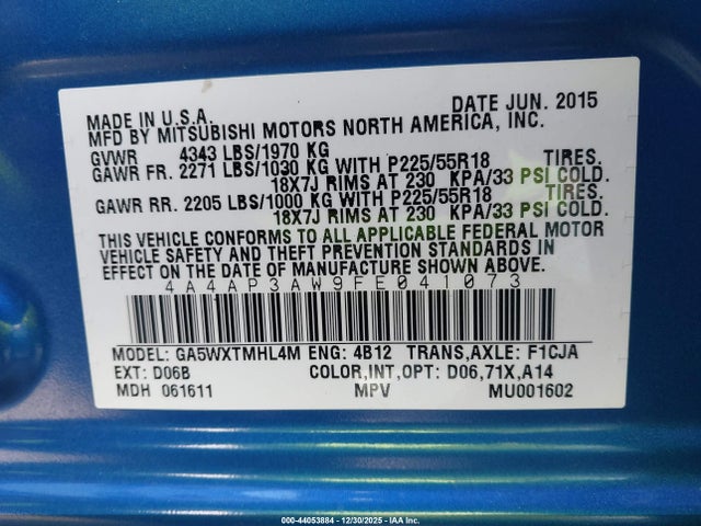 2015 Mitsubishi Outlander Sport Es მანქანა იყიდება აუქციონზე, vin: 4A4AP3AW9FE041073, აუქციონის ნომერი: 44053884