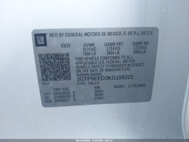 44053909 :رقم المزاد ، 3GTP9EED3KG159221 vin ، 2019 Gmc Sierra 1500 At4 مزاد بيع