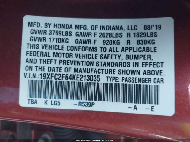 2019 HONDA CIVIC 19XFC2F64KE213035 Photo 8