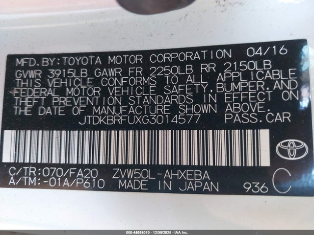 Toyota Prius Two 2016 JTDKBRFUXG3014577 Image 9