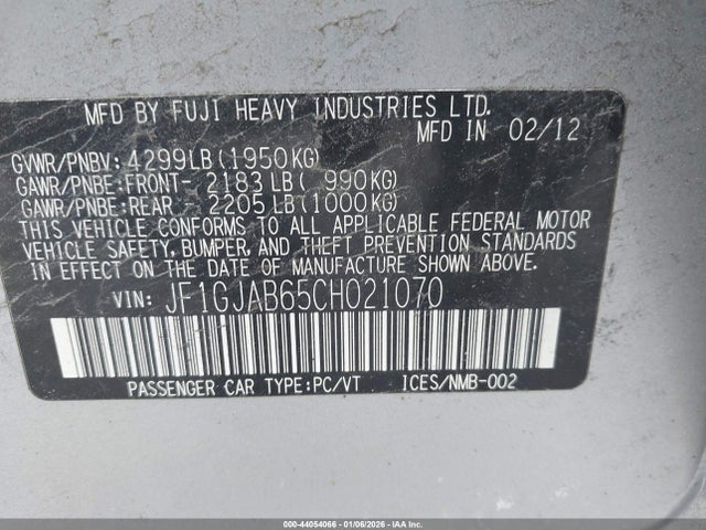 Aukcja sprzedaży 2012 Subaru Impreza 2.0i Premium, vin: JF1GJAB65CH021070, numer aukcji: 44054066