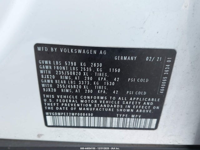2021 Volkswagen Id.4 1st Edition მანქანა იყიდება აუქციონზე, vin: WVGDMPE22MP008490, აუქციონის ნომერი: 44054155
