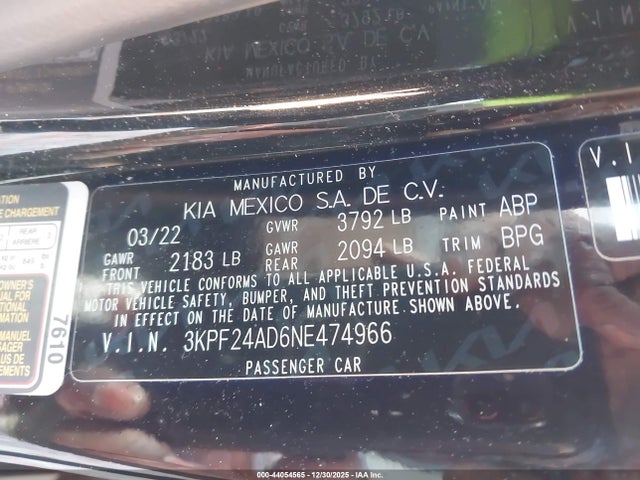 44054565 :رقم المزاد ، 3KPF24AD6NE474966 vin ، 2022 Kia Forte Lxs مزاد بيع