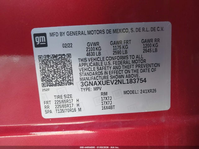 3GNAXUEV2NL183754 Chevrolet Equinox Awd Lt