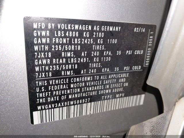 44054645 :رقم المزاد ، WVGAV3AX9EW586927 vin ، 2014 Volkswagen Tiguan Sel مزاد بيع