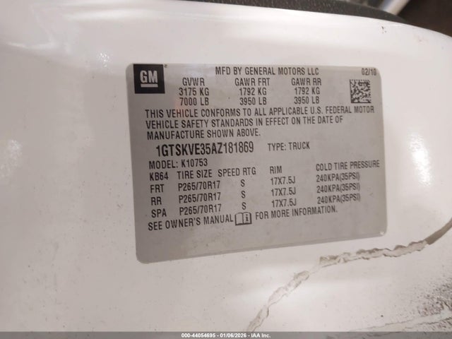 44054695 :رقم المزاد ، 1GTSKVE35AZ181869 vin ، 2010 Gmc Sierra 1500 Sle مزاد بيع