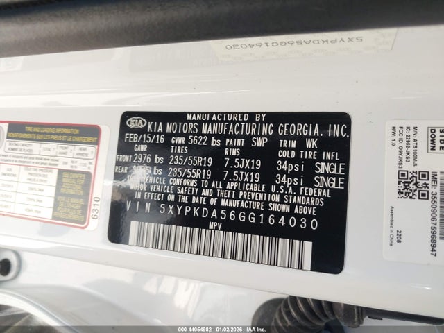 5XYPKDA56GG164030 KIA Sorento 3.3l Sxl
