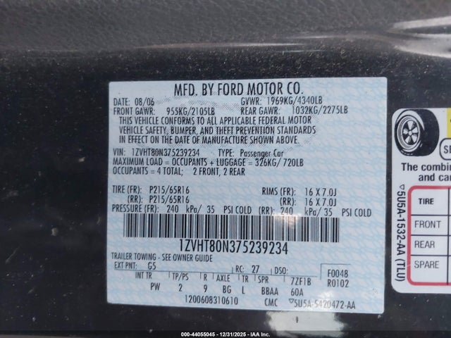 2007 Ford Mustang მანქანა იყიდება აუქციონზე, vin: 1ZVHT80N375239234, აუქციონის ნომერი: 44055045