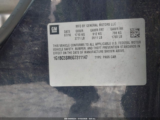 44055224 :رقم المزاد ، 1G1BC5SM6G7311147 vin ، 2016 Chevrolet Cruze Ls Auto مزاد بيع