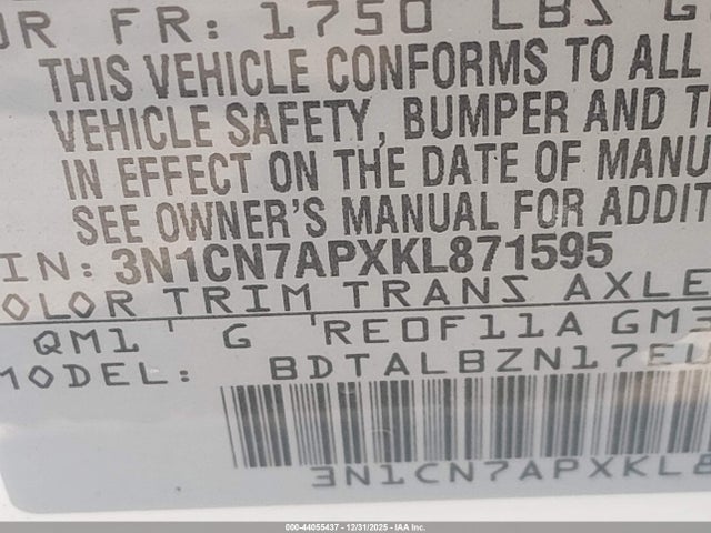 3N1CN7APXKL871595 Nissan Versa 1.6 Sv