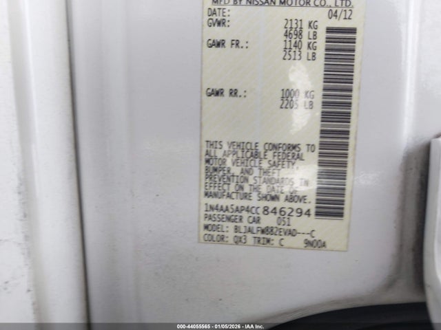 44055565 :رقم المزاد ، 1N4AA5AP4CC846294 vin ، 2012 Nissan Maxima 3.5 Sv مزاد بيع